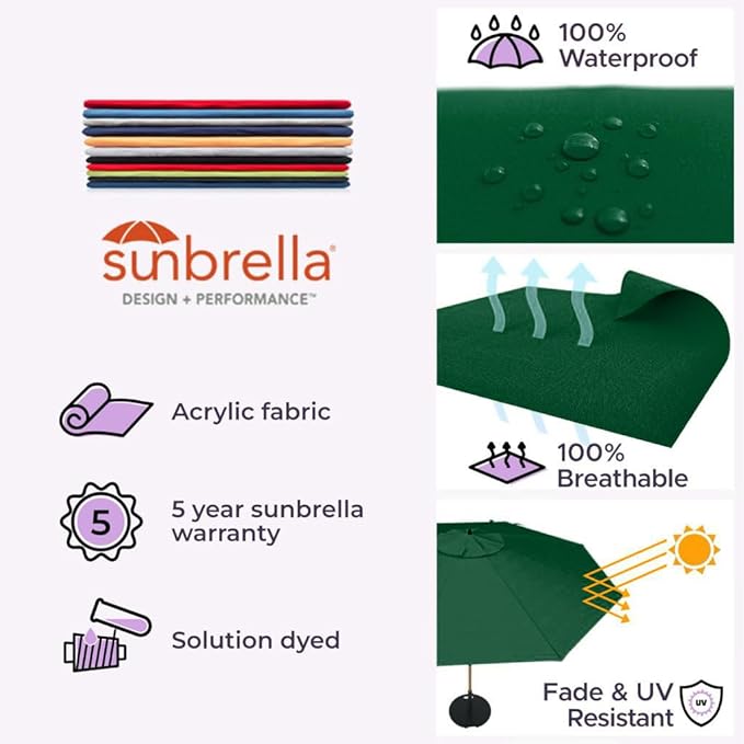 Midtown Umbrellas The Swilt 9 Feet Patio Umbrella in Sunbrella Forest Green Acrylic Fabric - Fiberglass Ribs, Auto-Tilt Aluminum Frame For Backyard, Deck, Garden, Pool - White Pole