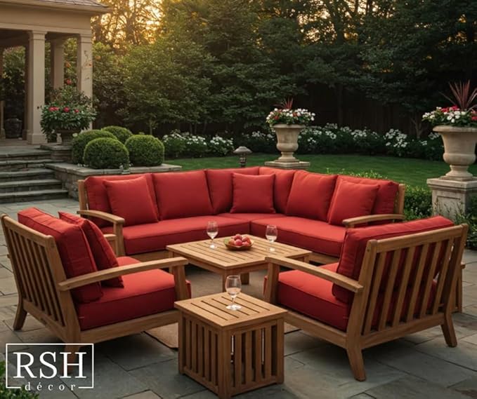 RSH DECOR Deep Seating Cushion with Pillow Back | 25” x 25.5” x 5" Seat | Water and Fade-Resistant Spun Fabric | Made in USA | Outdoor Chair Cushion Set for Patio Furniture (Red)