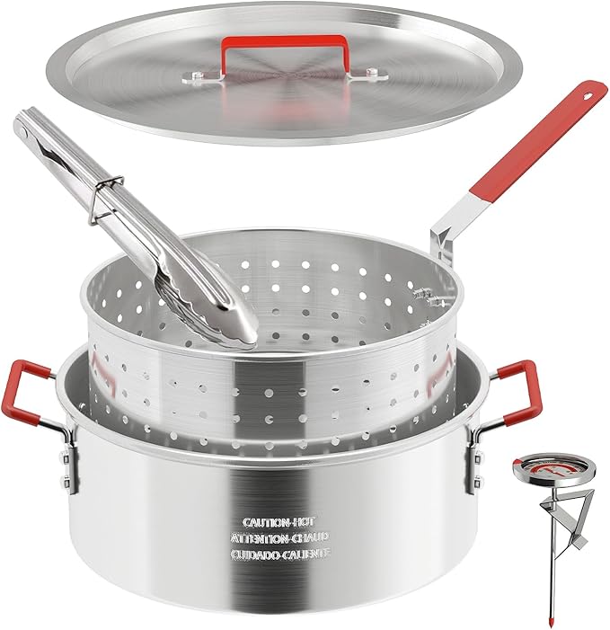 10QT Aluminum Fish Fryer Pot | with Lid & Tong | Deep Fryer with Basket | Indoor & Outdoor Cooking | All-Round Protection | Accessory Gift Pack | Perfect For Boiling ＆ Frying
