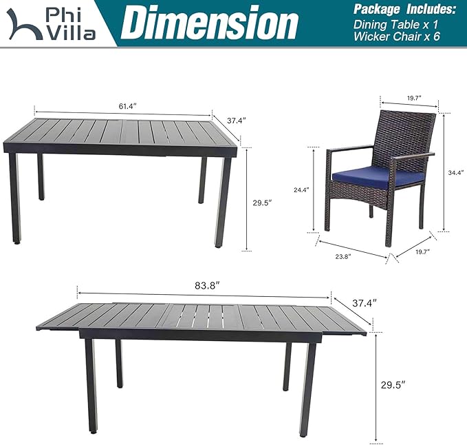 PHI VILLA 7 Piece Outdoor Expandable Dining Table Set for 6, Extendable Rectangular Metal Steel Table and Cushioned Rattan Chairs for Patio, Deck, Yard