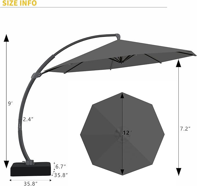 Kingdura 12ft Offset Cantilever Patio Umbrella with Base Included, Large Round Aluminum Outdoor Umbrella, 360° Rotation & Infinite Tilt, Heavy Duty Frame for Deck Pool Backyard, Grey