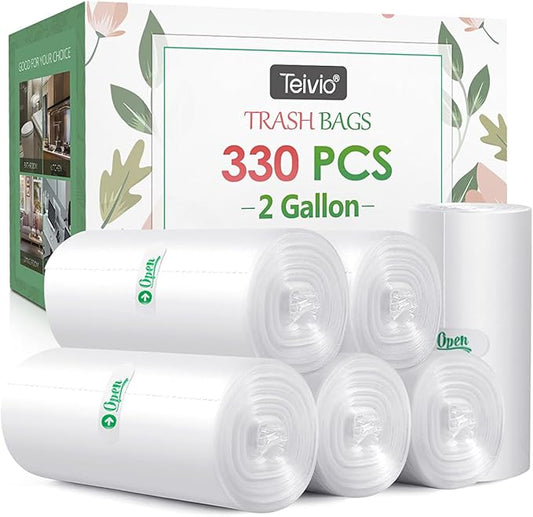 2 Gallon 330 Counts Strong Trash Bags Garbage Bags by Teivio, Bathroom Trash Can Bin Liners, Plastic Bags for home office kitchen, Clear