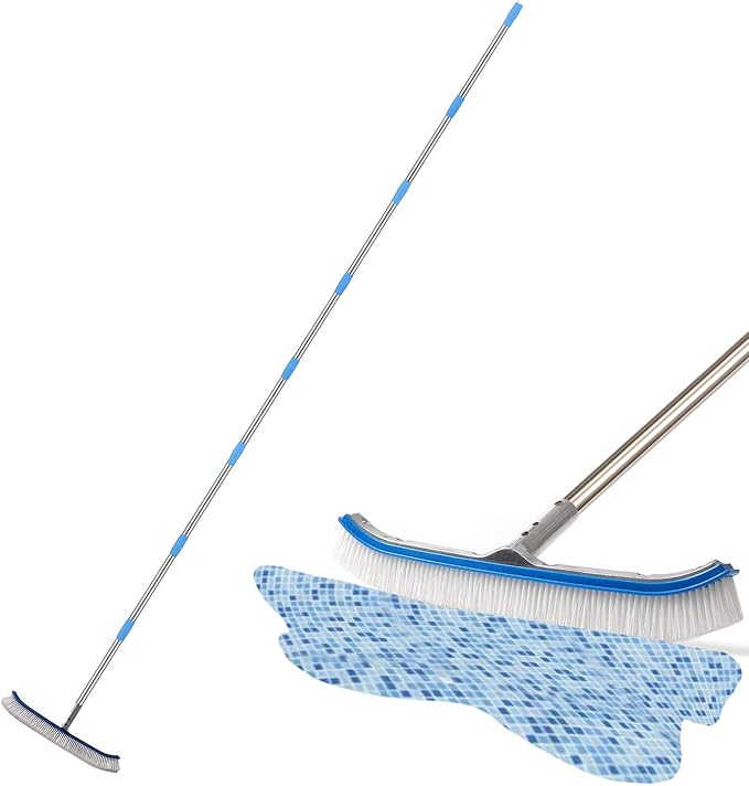HOSKO Swimming Pool Brush for Wall Tile,Pole Length Adjustable 10FT,18.5" Polished Aluminum Back Cleaning Brush Head Nylon Bristle for Pool Cleaning（10 FT）