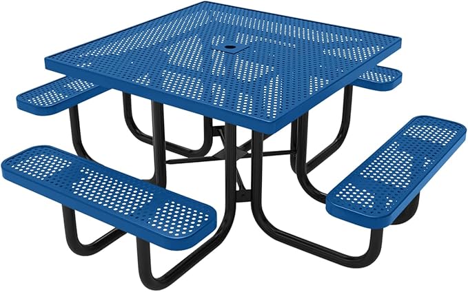 COATEDOUTDOORFURNITURE Heavy-Duty Portable Outdoor Picnic Table with Umbrella Hole, Punched Steel Commercial-Grade Patio Dining Furniture Made in America (46" Square Top, Textured Light Blue)