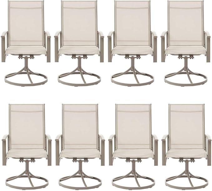 Patio Swivel Chairs Set of 8, Outdoor Swivel Chairs with Armrest, High Back Patio Chair with Metal Frame, All-Weather Outdoor Dining Chair for Deck, Porch and Lawn, Ivory Beige