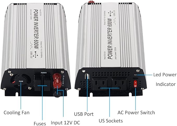 600W Power Inverter DC 12V，Output 110V-120V AC Car Inverter with USB Car Adapter