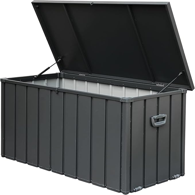 LANTRO JS 160 Gallon Metal Deck Box, Outdoor Storage Box Waterproof with Wheels, Lockable Storage Container for Patio Furniture Cushions Garden Tools, Dark Gray