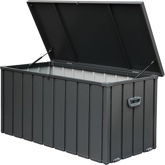 200 Gallon Outdoor Deck Box Lockable Metal Indoor Outdoor Storage Container with Side Handle, Waterproof Storage Box with Rolling Castors for Patio Garden Tools, Pools Equipment, Cushions, Gray