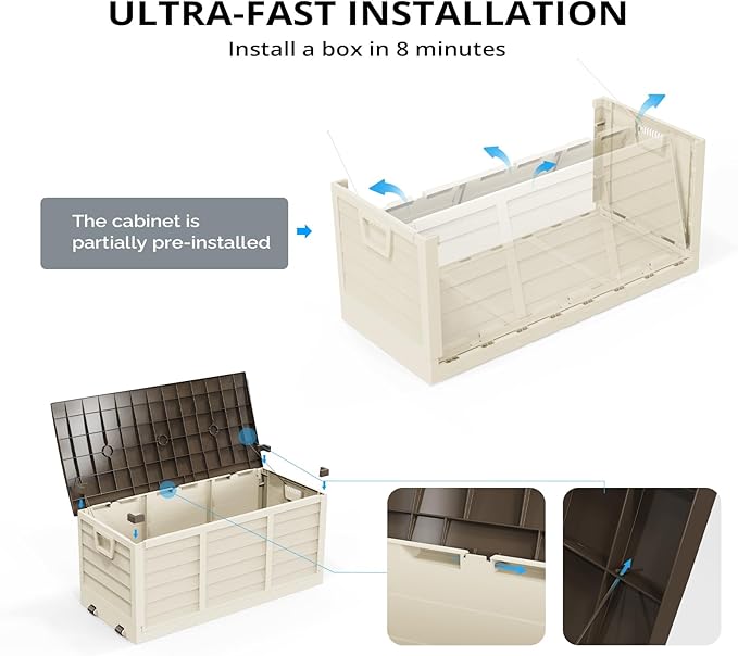 Outvita Foldable 75 Gallon Outdoor Storage Box, Plastic Storage Containers with Lid, Patio Deck Box Furniture for Garden, Pool, Balcony, Yard (Brown)