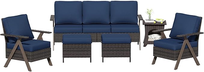 6 Piece Patio Furniture Set, Wicker Patio Conversation Set with Patio Chair and Outdoor 3-Seater Sofa and 2 Ottomans and Side Table for Deck Yard and Poolside