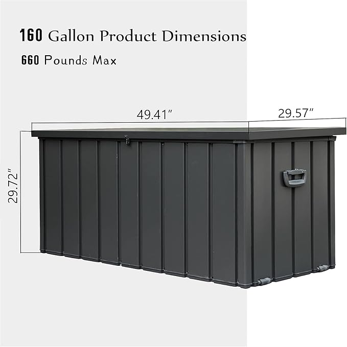 LANTRO JS 160 Gallon Metal Deck Box, Outdoor Storage Box Waterproof with Wheels, Lockable Storage Container for Patio Furniture Cushions Garden Tools, Dark Gray