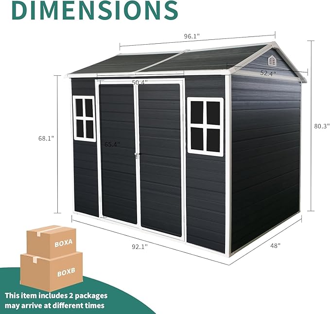 LANTRO JS Storage Shed with Floor Included, 8x4FT Plastic Storage Shed with Floor 2 Windows and Lockable Door Sheds for Garden Tools, Bike