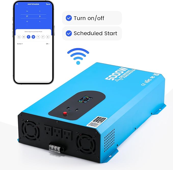5000W Pure Sine Wave Inverter 12V DC to 110V/120V AC with WiFi Smart Control, Timer, LCD Display, 4 AC Outlets, USB Port & Terminal Block for RV, Truck, Off-Grid Camping