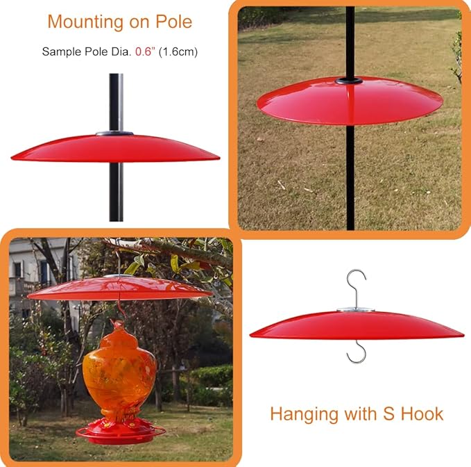 13" Glass Rain Guard for Bird Feeder Outdoors - Baffle on Shepherd Pole or S Hook Hanging - Large Weather Guard Protective Dome - Red (Dia. 33CM)
