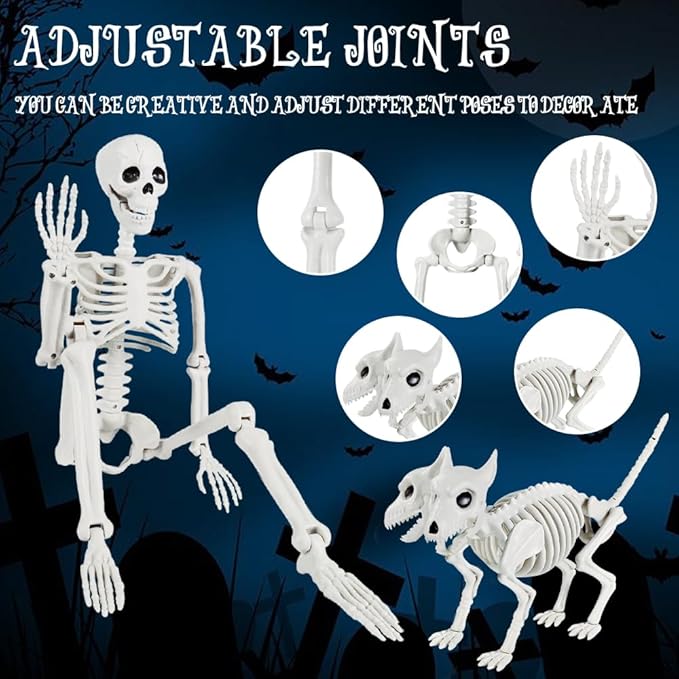 YUJUN 36'' Halloween Skeleton Decoration with 2Head Dog Skeleton, Full Body Posable Skeleton Realistic Plastic Bones Movable Joints for Halloween Party Yard Haunted House Props Indoor Outdoor Decor