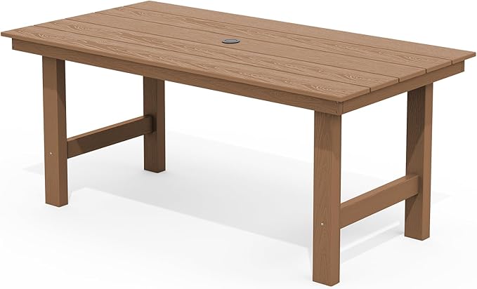 SERWALL 6-Person Outdoor Dining Table - 67" Rectangle HDPE Patio Table with Center Umbrella Hole, Weatherproof, Brown