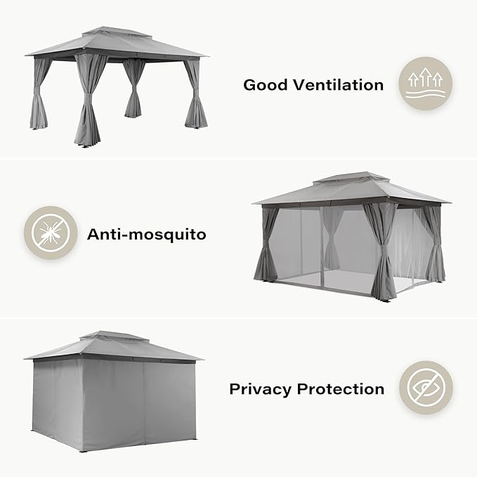 Outdoor Patio Gazebo 10x13FT, Heavy Duty Party Tent & Shelter with 2-Tier Roof and Expansion Bolts, Mosquito Nettings and Privacy Screens for Backyard, Garden, Poolside, Gray