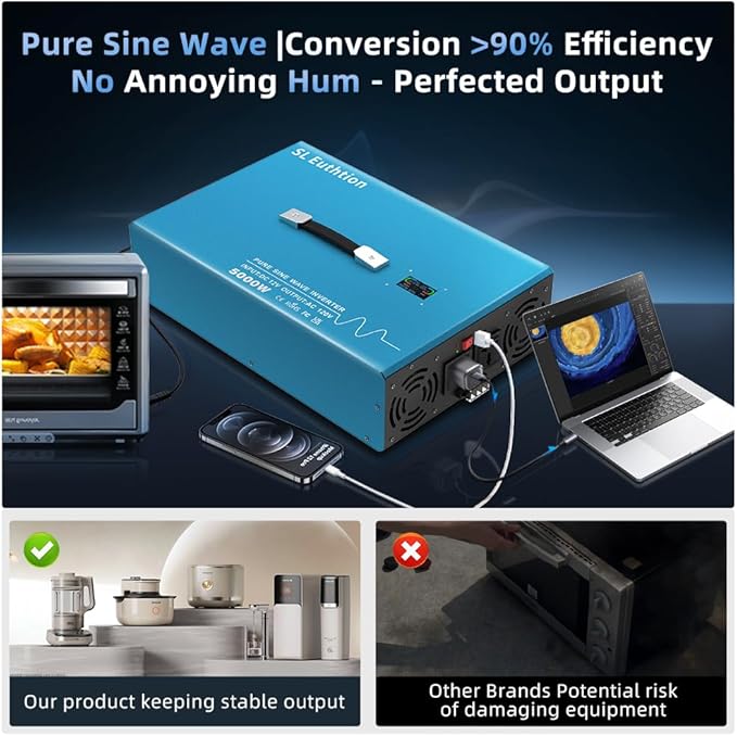 5000W Pure Sine Wave Power Inverter Voice Control AI Voice Assistant Support English 24V to 120V 60HZ with LCD Display, USB Port, for Car Home Laptop Truck