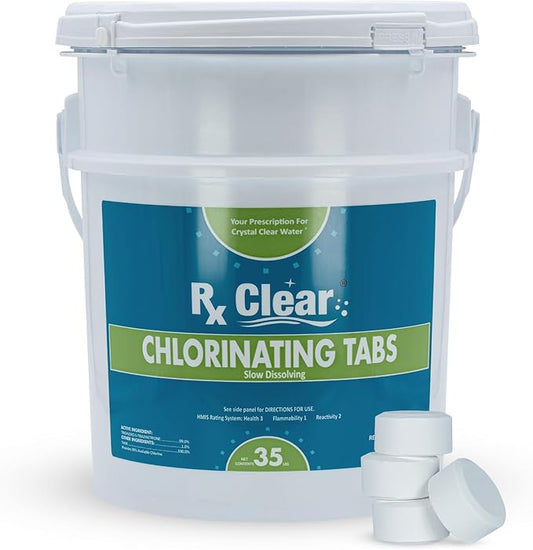 Rx Clear 1" Inch Chlorine Tabs | 35 Pounds | Use Tablets as Bactericide, Algaecide, & Disinfectant in Swimming Pools | Stabilized, Long Lasting, Slow Dissolving, & UV Protected