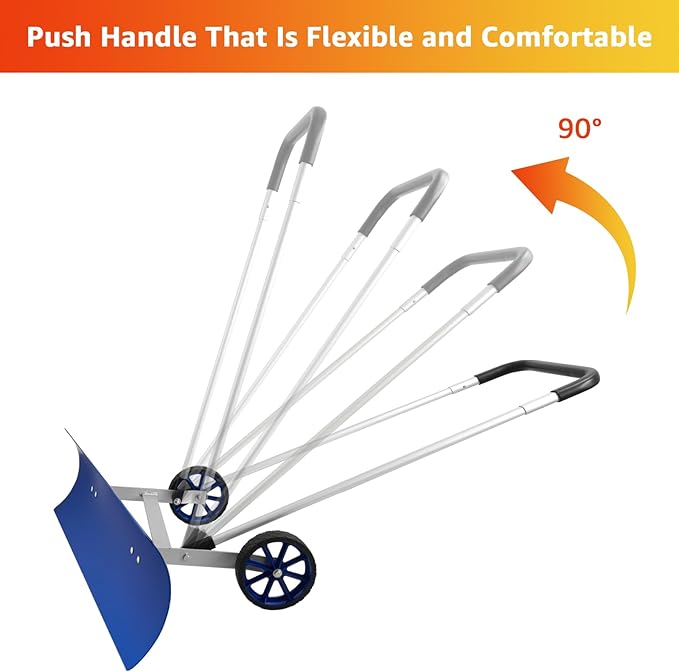 37-inch Snow Pusher Shovel with Wheels, Lightweight Aluminum Alloy Snow Plow for Driveway & Sidewalks, Reversible & Angled Blade, 90° Ergonomic Handle for Efficient Snow Removal, Back Saver