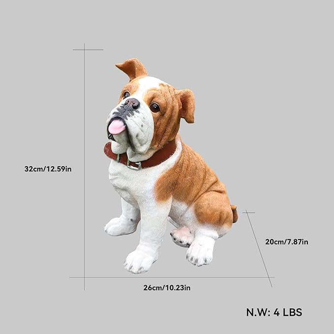 English Bulldog Outdoor Dog Statue with Flip-Over “Welcome/ON Patrol” Plaque and Solar Path Lantern, Brown & White Sitting Puppy for Porch & Lawn