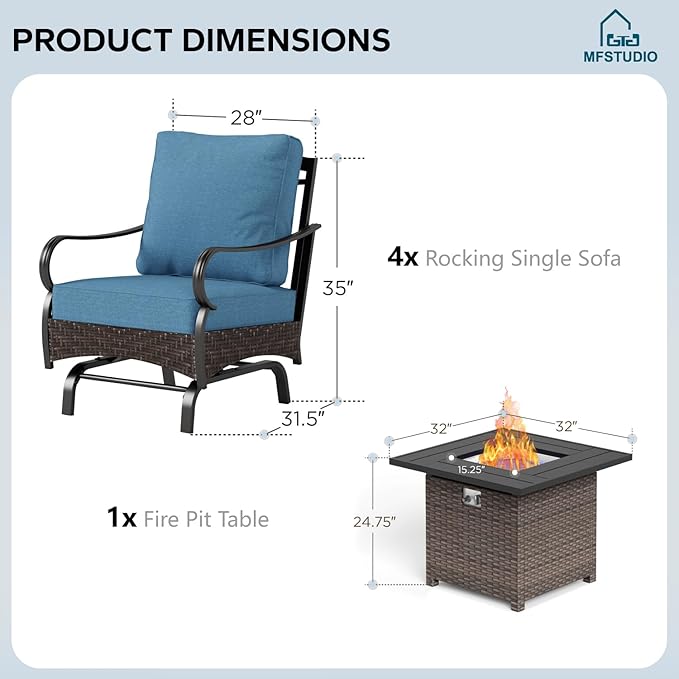 MFSTUDIO 5 Pieces Outdoor Patio Furniture Set, Metal Outdoor Conversation Sofa, Rattan Wicker Patio Sectional Sofa Set with 4 x Rocking Single Sofa, 1 x Fire Pit Table, Navy Blue