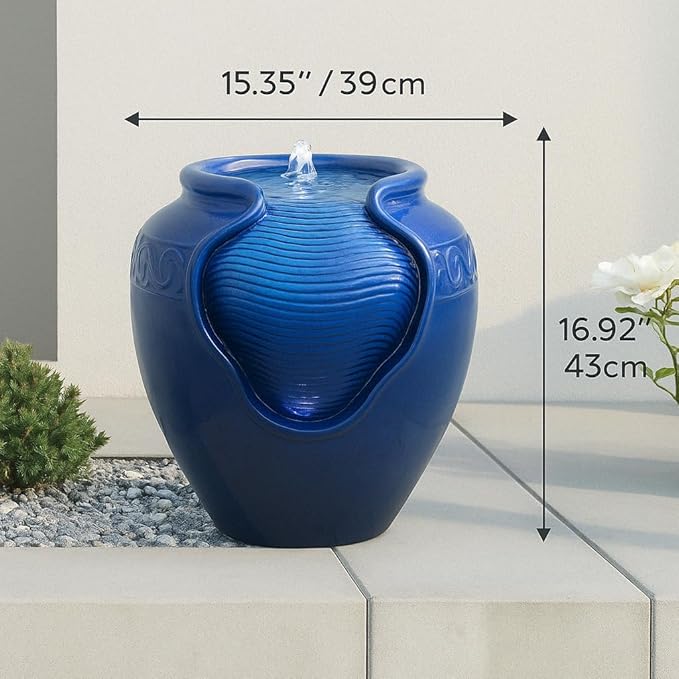 Teamson Home Outdoor Water Fountain, Glazed Pot Ceramic Look with LED Lights & Pump, Royal Blue, 16.93” Patio Garden Water Feature, Cascading Zen Fountain for Backyard, Porch, Deck, Home Decor