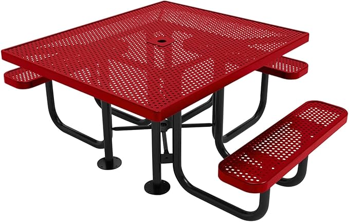 COATEDOUTDOORFURNITURE Heavy-Duty Portable ADA-Compliant Outdoor Picnic Table with Umbrella Hole, Punched Steel Patio Dining Furniture Made in America (46" Square Top, Textured Red)