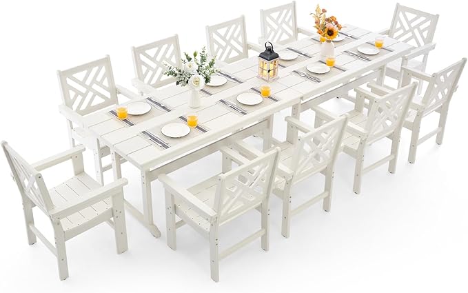 12 Piece HDPE Outdoor Dining Set for 10, Patio HDPE Furniture Set with 2 Table and Umbrella Hole, Outdoor Table and Chairs for Garden, Poolside, Backyard, Deck
