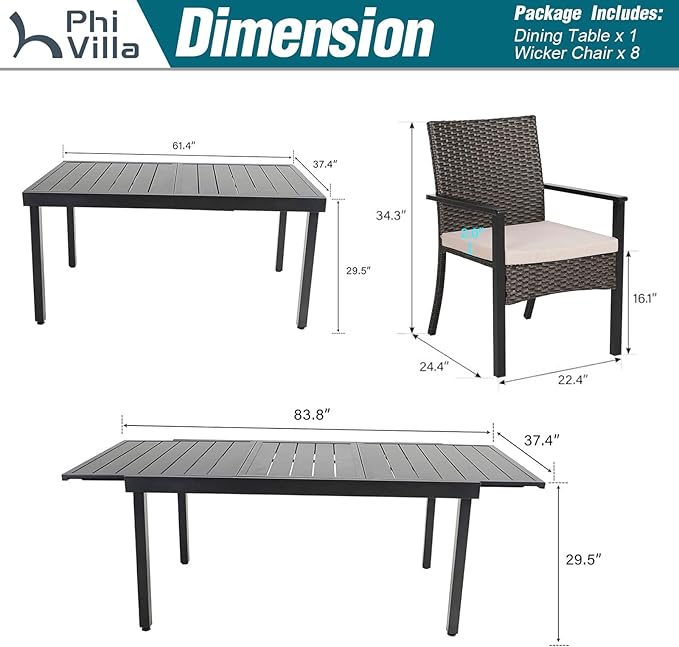 PHI VILLA 9 Piece Outdoor Dining Set for 8, Expandable Metal Dining Table & Cushioned Rattan Chairs for Patio, Deck, Yard
