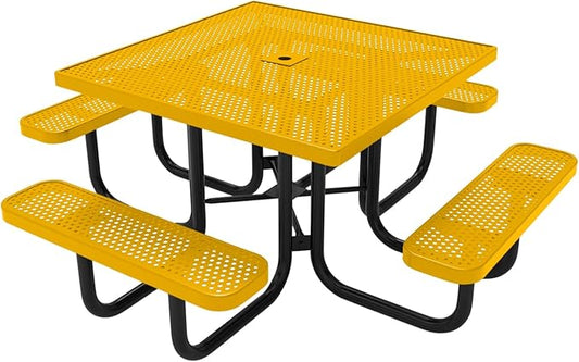 COATEDOUTDOORFURNITURE Heavy-Duty Portable Outdoor Picnic Table with Umbrella Hole, Punched Steel Commercial-Grade Patio Dining Furniture Made in America (46" Square Top, Textured Yellow)