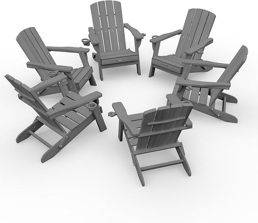 Folding Adirondack Chair Wood Texture 6 Pack, HDPE All-Weather Fire Pit Chairs, Plastic Adirondack Chairs with 2 Cup Holder, Outdoor Lawn Chair for Patio Garden (Grey)