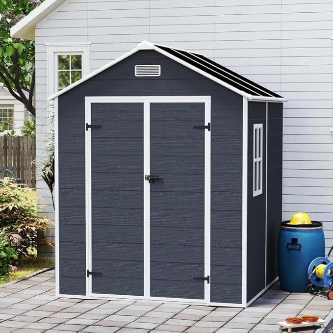 6x6 FT Outdoor Storage Shed with Floor and Window, Waterproof Resin Garden Tool Sheds w/Lockable Door, Vents & Sloped Roof, All-Weather Plastic Tool House for Patio, Backyard, Lawn, Dark Gray
