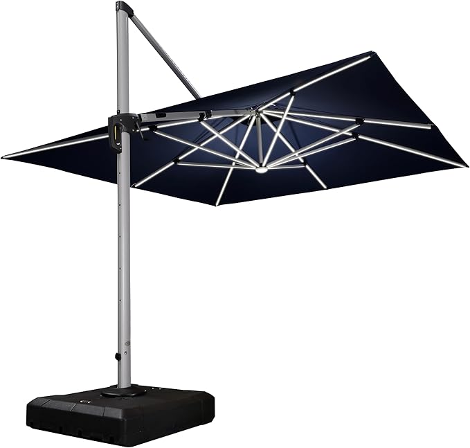 PURPLE LEAF 11 Feet Double Top Deluxe Solar Powered LED Square Patio Umbrella Offset Hanging Umbrella Outdoor Market Umbrella Garden Umbrella, Navy Blue