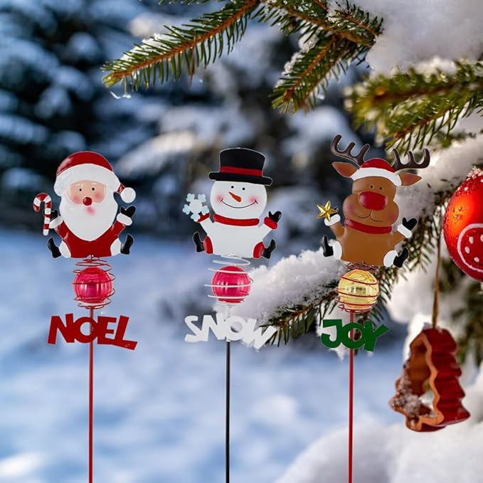 Christmas Solar Garden Lights,3 Pack Santa Claus Snowman Reindeer Solar Stake Lights,Xmas Figurine Lights for Yard Lawn Porch Holiday Decor for Women