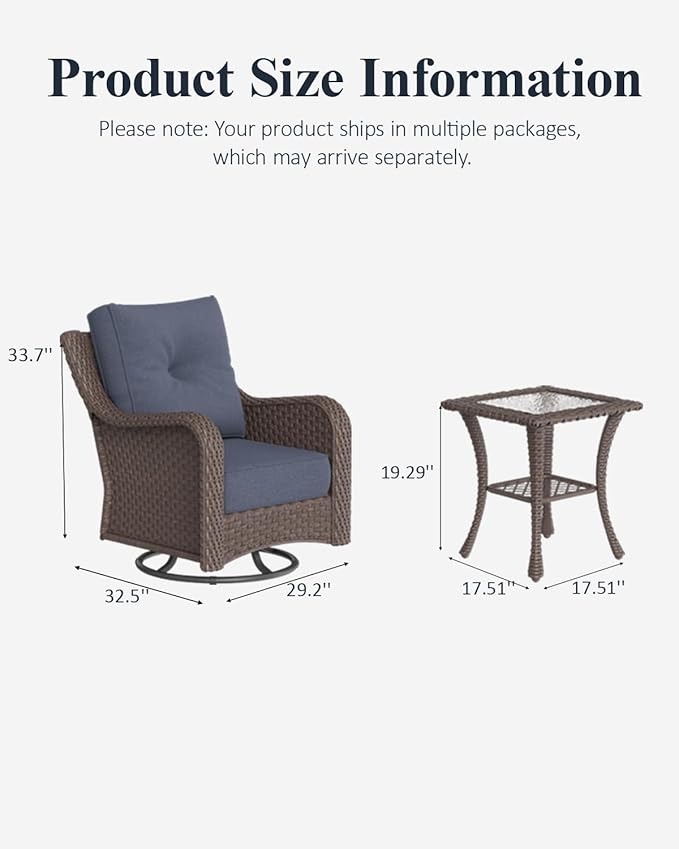 LayinSun 3 Piece Wicker Outdoor Furniture Set with 6-inch Comfy Cushions, High Back Patio Furniture Set with Swivel Rocking Chairs and Side Table