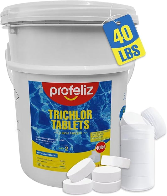 PROFELIZ 3 Inch Pool Chlorine Tablets, Slow-Dissolving Spa Sanitizer Eliminate Bacteria Algae Stabilized Chlorine for Swimming Pools Hot Tubs Spa Treatment (40lbs)