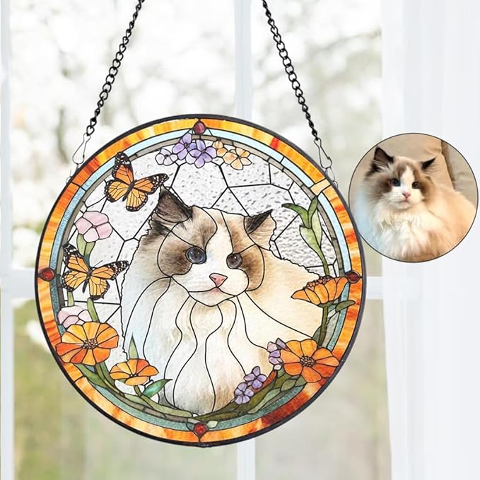 Custom Cat Portrait Stained Glass Window Hanging Light Catcher, Pet Memorial Stained Glass Photo, Cat Memorial Gift Pet Loss Gift