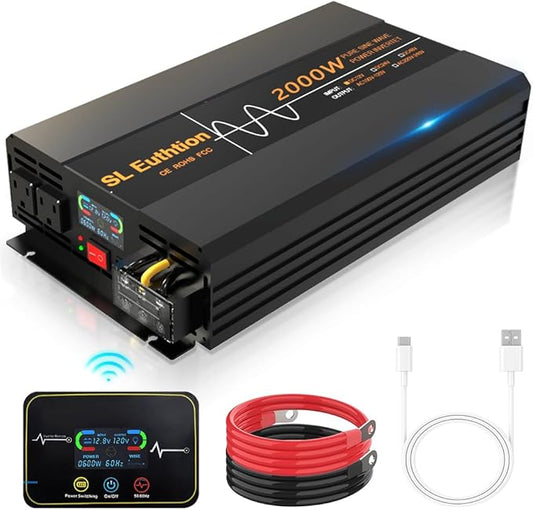 2000W Pure Sine Wave Power Inverter 12V DC to 120V AC 60HZ with LCD Display, USB Port, Wireless Remote Control（10M）, Solar, Outdoor