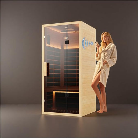 Low EMF Far Infrared Sauna for 1 Person, Canadian Hemlock Wood Sauna Room with Tempered Glass Door, WiFi Control, 110V, 7 Infrared Heaters, 1850W, Reading & 7-Color Starry Light, Oxygen Bar, Speaker