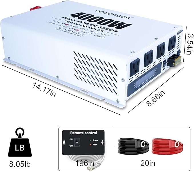 4000W Power Inverter 12V DC to 110V 120V AC (Peak 8000W) for RV, Truck, Off-Grid, Solar, Home & Vehicles | 4 AC Outlets, 3.1A USB Port | LCD Display, Remote Controller (16.5Ft Cable) & Hardwire Kit