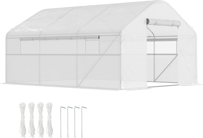 Outsunny 13' x 10' x 6.5' Hoop House Greenhouse with Large Windows and Zippered Door, Large Walk-in Tunnel Green House with Upgraded Galvanized Steel Frame, PE Cover, Gardening Plant Hot House, White