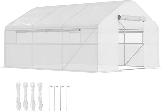 Outsunny 13' x 10' x 6.5' Hoop House Greenhouse with Large Windows and Zippered Door, Large Walk-in Tunnel Green House with Upgraded Galvanized Steel Frame, PE Cover, Gardening Plant Hot House, White