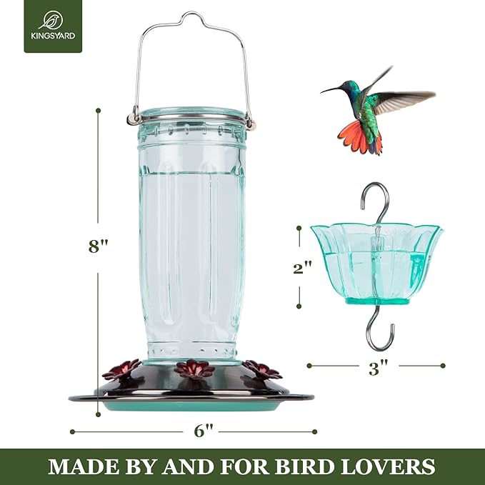 Kingsyard Glass Hummingbird Feeder for Outdoors Wild Bird Feeder with 6 Feeding Ports Hanging for Garden Yard, Green (Ant Moat Included)