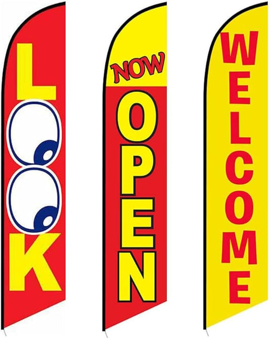 3 (three) Tall windless Feather Flags of LOOK NOW OPEN AND WELCOME Yellow Advertising banner (Pack of 3 Replacement Flags only)