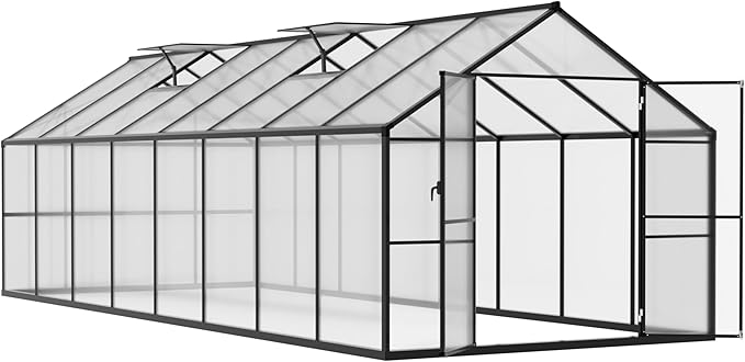 MUPATER 8 x16 FT Outdoor Walk-in Backyard Green House Kit with Sliding Lockable Door for Outdoor, Polycarbonate Greenhouse with Aluminum Frame & Adjustable Roof Vent, Garden, Patio, Lawn, Gray