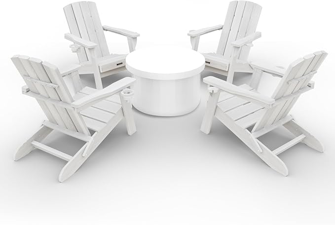 Folding Adirondack Chair Wood Texture 4 Pack, HDPE All-Weather Fire Pit Chairs, Plastic Adirondack Chairs with 2 Cup Holder, Outdoor Lawn Chair for Patio Garden (White)
