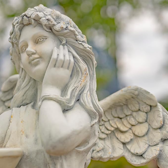 Zaer Ltd. 39" Tall Magnesium Angel Statue Figurines for Outdoor and Indoor Use (Holding a Birdbath Jazmin, Antique White)