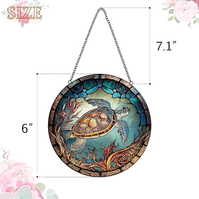 Sea Turtle Decor Suncatcher Stained Glass Window Hanging - Handmade Suncatchers for Windows with Hooks - Sea Art Glass Sun Catcher Indoor Outdoor Garden Mothers Day Birthday Gifts for Mom Grandma