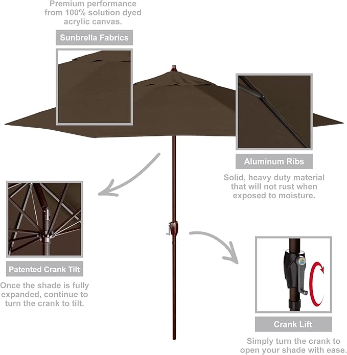 California Umbrella 9' Round Sunbrella Aluminum Outdoor Deck, Pool or Patio Umbrella, Crank Lift, Auto Tilt, Bronze Pole, Sunbrella Cocoa
